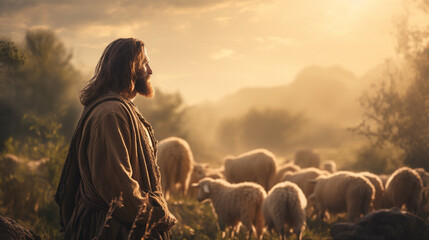 Silhouette Of Shepherd And Sheep Generative AI