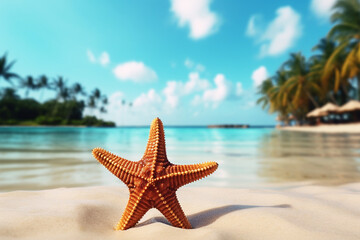 Fototapeta na wymiar Starfish on a sandy beach against the backdrop of the ocean and palm leaves. AI generated