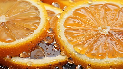  a close up of a sliced orange with water droplets on it.  generative ai