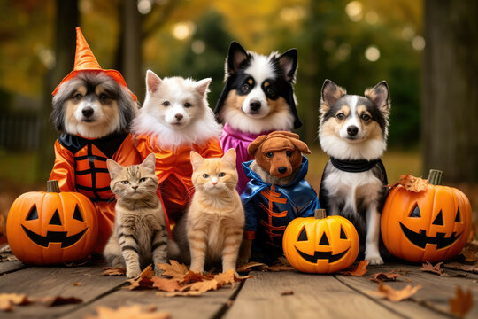 Pets In Adorable Halloween Costumes Posing In A Pumpkin Patch - Generative AI