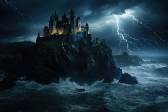Haunted castle on a cliff overlooking a stormy sea - Generative AI