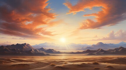  a painting of a desert landscape with mountains and a sunset.  generative ai
