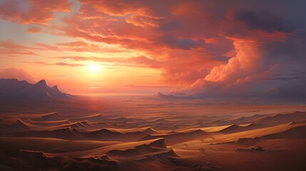 Fototapeta na wymiar a painting of a sunset over a desert with mountains in the distance. generative ai