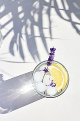 Top view of a glass of refreshing cocktail with lemon slices and fresh lavender flowers. Summer drinks