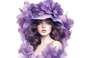 Woman with Violet flowers  hand draw retro illustration