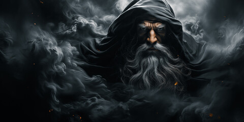 Portrait of a old mysterious man with a long beard and mustache in a black cloak in the dark smoke