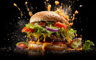 Exploding burger with vegetables and melted cheese on black background