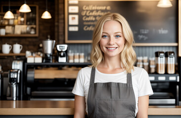 Portrait of a smiling girl at work in a vintage cafe.