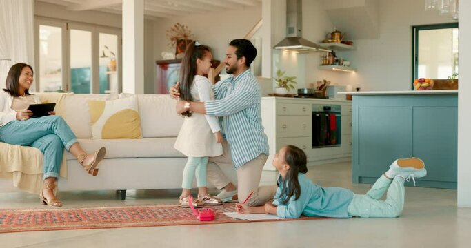 Love, hug and father with his wife and children in the living room of their modern house. Happy, playful and girl kids playing with their dad with their mother relaxing on a sofa in their family home