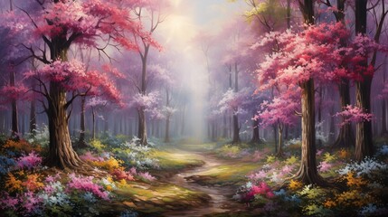  a painting of a path through a forest with pink trees.  generative ai