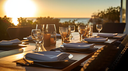 Fototapeta premium Sunset behind placesettings on luxury patio dining table