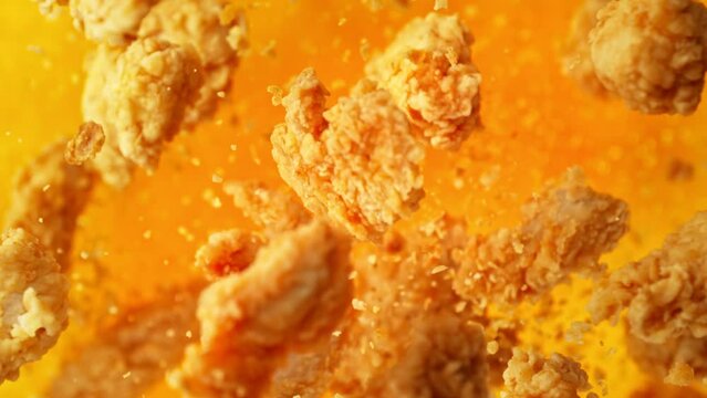 Super Slow Motion Shot of Flying Chicken Sprips Towards Camera at 1000fps.