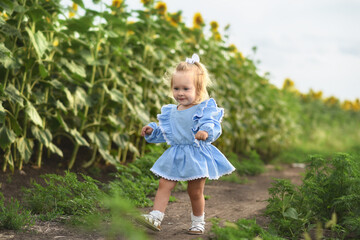 Little beautiful girl in a field of sunflowers. Child in a summer field