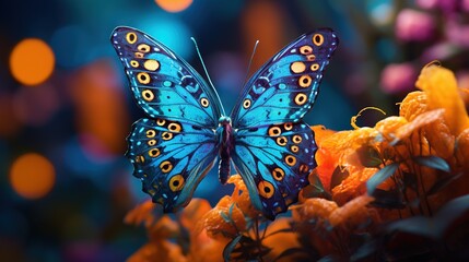 a blue butterfly sitting on top of a flower filled field.  generative ai