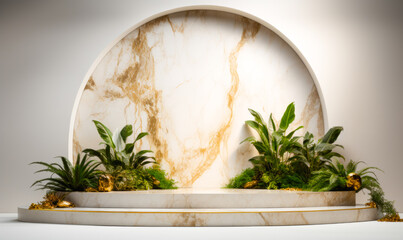 lush green background, a marble podium stands adorned with plants, boasting an abstract geometric pedestal design