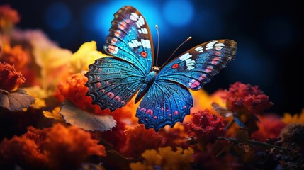  a blue butterfly sitting on top of a bunch of flowers.  generative ai