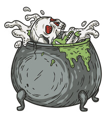 Skeleton in cauldron with skull and splashes. Halloween undead and walking dead. Fear and spooky design for dark party of happy halloween