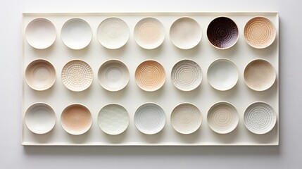  a white tray filled with lots of white and brown plates.  generative ai