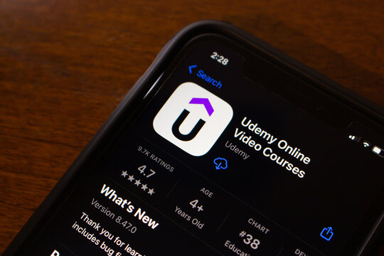 Vancouver, CANADA - Jul 20 2023 : Udemy app seen in App Store on iPhone screen. Udemy is a popular online learning and teaching marketplace and platform