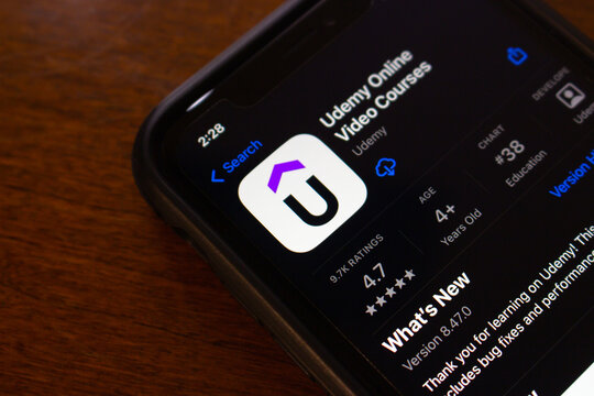 Vancouver, CANADA - Jul 20 2023 : Udemy app seen in App Store on iPhone screen. Udemy is a popular online learning and teaching marketplace and platform