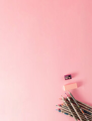 School colored pencils made from recycled paper on pastel background. Minimal concept art. Copy space.