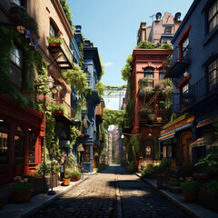 Naklejka premium A clean downtown street without people under a clear sky, Created with generative AI