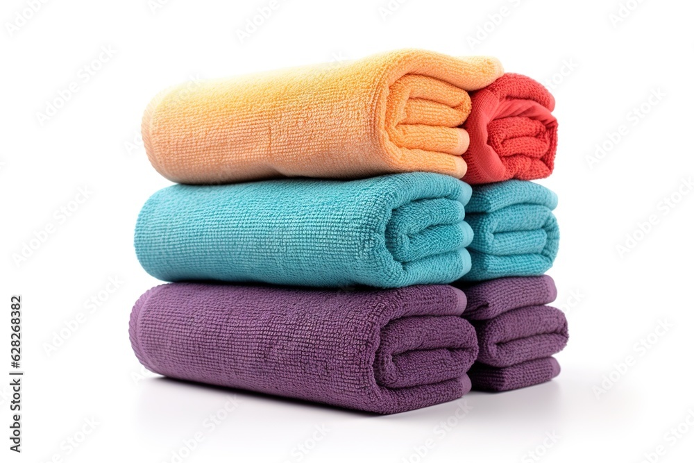 Poster set of folded and rolled colorful towels on white.