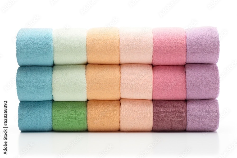 Poster set of folded and rolled colorful towels on white.