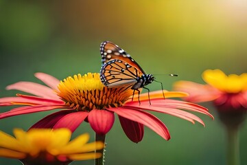 Fototapeta na wymiar Portrait of monarch butterfly on yellow flower. AI Generated