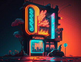 Night city street with neon illumination. Modern megalopolis district with with bright lights