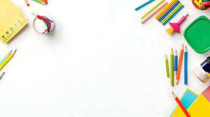 Unlock the potential of the educational process with this top-view photograph showcasing school supplies on an isolated white backdrop. Utilize the copy-space for text or promotional messages