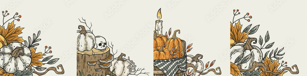 Wall mural halloween autumn set of corners with pumpkin and leaves. happy halloween composition for poster desi