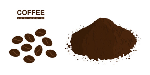 Ground coffee and brown coffee beans in flat style isolated on white background. Roasted Coffee beans vector illustration. Design elements for beverage or cafe. Vector