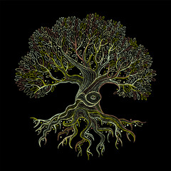 Old big family tree with roots isolated on black. Concept Art for your design. Design interior ideas.