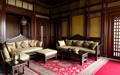 Living room javanese style with shining bright sunlight from the window