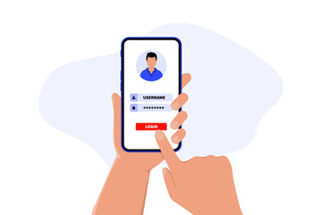 Online registration and sign up concept. Smartphone with login and password form page on screen. Online login form. Secure login and password. Sign in to account. Vector illustration