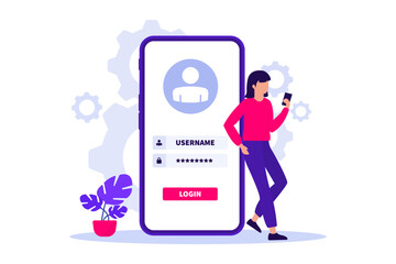 Online registration and sign up concept. Smartphone with login and password form page on screen. Online login form. Secure login and password. Sign in to account. Vector illustration