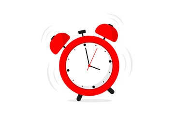Red vintage alarm clock. Wake-up time. Red classic alarm clock is ringing. Morning alert, time countdown, last chance sale or deadline concept. Vector illustration in flat style - obrazy, fototapety, plakaty