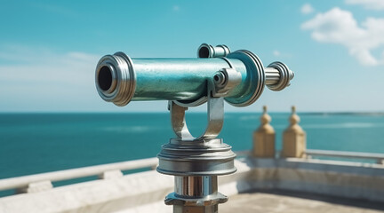 Oceanfront Telescope Stands with Majestic Blue Sky Backdrop. Enhanced Binocular Station with Integrated Bill Acceptor