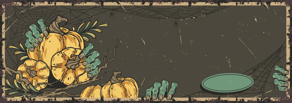 Halloween party poster with zombie hand, pumpkin and cemetery. October autumn scary banner