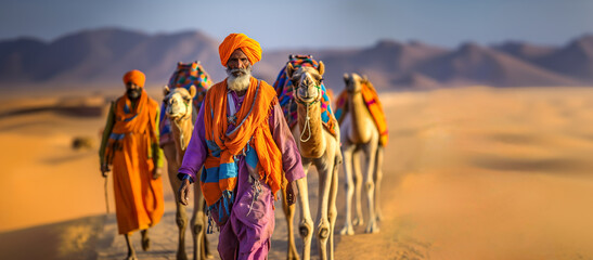 Berber man leading camel caravan. A man leads two camels through the desert. Man wearing traditional clothes on the desert sand, digital ai