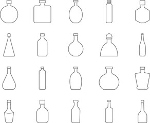 Bottles Icons Set. Water, Alcohol, Wine Bottles. Editable Stroke. Simple Icons Vector Collection