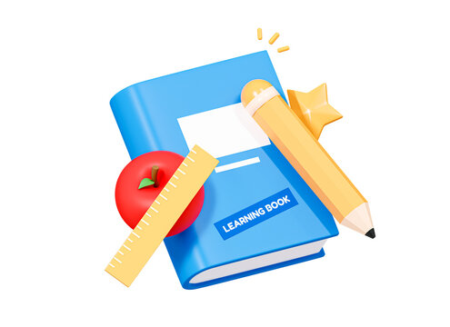 3D Back to school concept. Blue book with yellow pencil and red apple. Study and education. Kid supplies. Learning kit. Cartoon creative design icon isolated. 3D Rendering