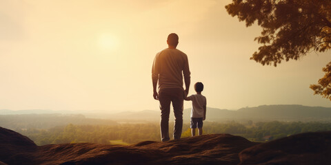 Father walking hand in hand with son at sunset, Father's Day celebration image.