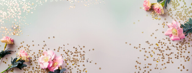 Elegant Pink Roses with Sparkling Gold Confetti on Soft Background, Social Media Banner, Blog Header