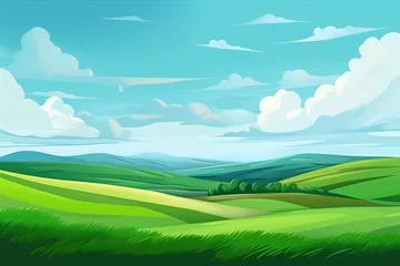 Foto op Plexiglas Summer fields hills landscape green grass blue sky, AI generated image © Julien