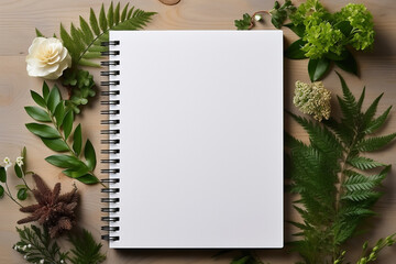 Fototapeta premium Empty blank sketchbook on a white surface, empty blank paper, minimalistic background, Generative AI