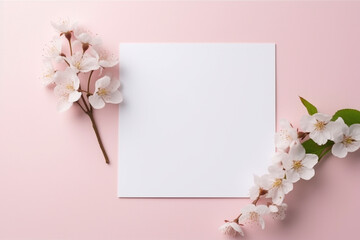 Simple white greeting card on a pale pink background, empty blank paper, minimalistic background, Generative AI