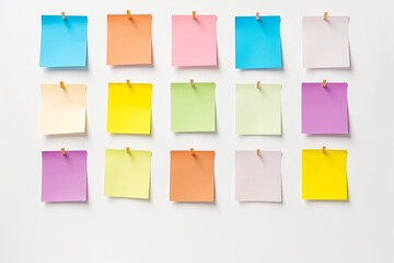Clean square sticky notes on a white wall, empty blank paper, minimalistic background, Generative AI