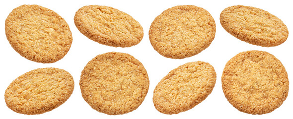 Falling oatmeal cookies isolated on white background